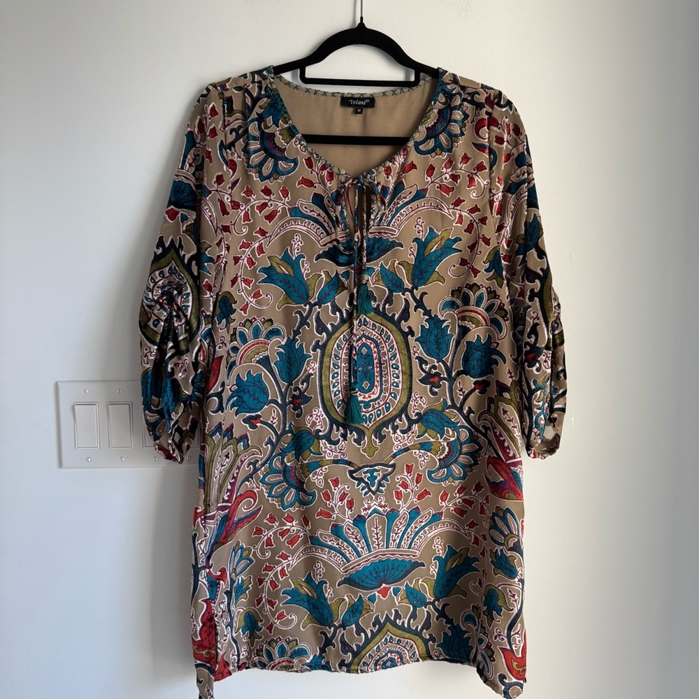 Tolani Tunic Top Mini Dress Women's M Velour Floral Tassel Boho Anthropologie